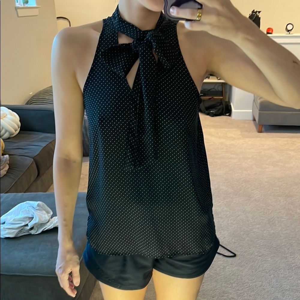 Philosophy Black Sleeveless Polkadot Tie Front Blouse